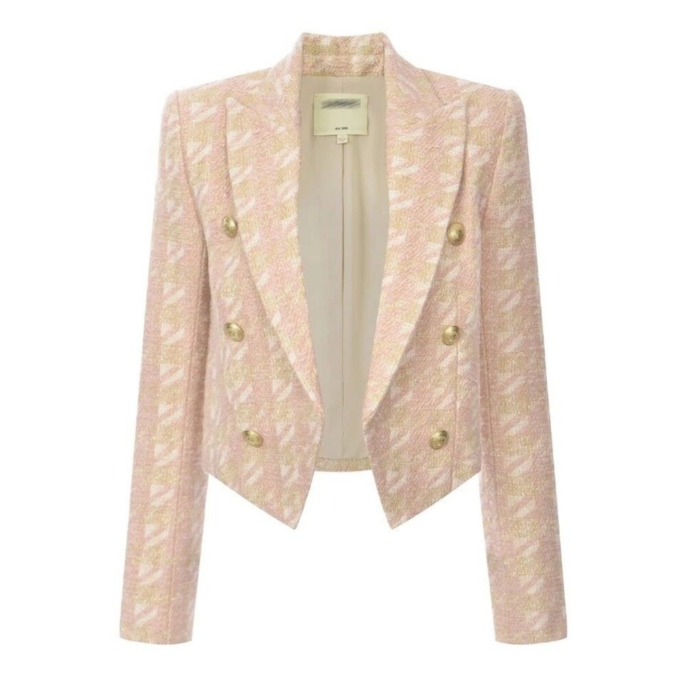 L'AGENCE Boxy Cropped Tweed Blazer Sz 10 Pink Gold Double Breasted